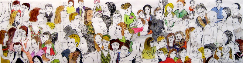 drawing of people inline to stare eye to eye with Marina Abromovich at MOMA 2010